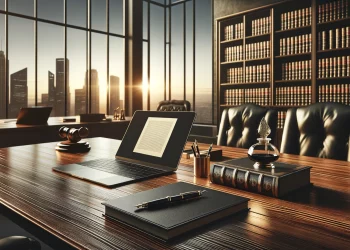 DALL·E 2024-03-01 17.29.40 - A sleek and professional image perfect for a law firm's website. The scene is set in an elegant office environment, showcasing a spacious desk made of